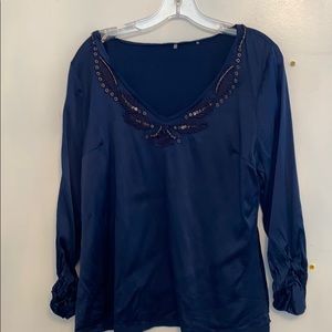ELIE TAHARI blue silk blouse beadwork detail L